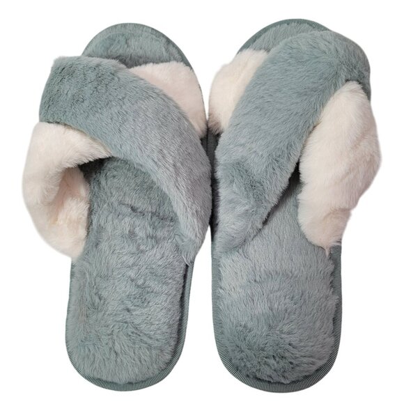 Women's Blue & White Cross-Strap Faux Fur Slide Slippers Size 11 - Picture 4 of 7